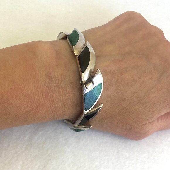 VTG 950 Silver Heavy Taxco Mexico Modernist Style Malachite Onyx Link Bracelet - Picture 15 of 16